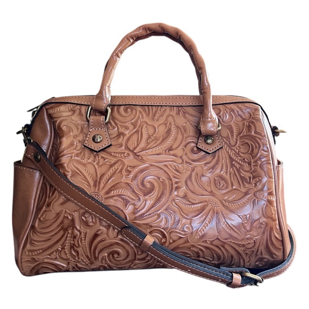 Patricia Nash Embossed Tooled Tan Florence Brown Leather Skye Purse Satchel
